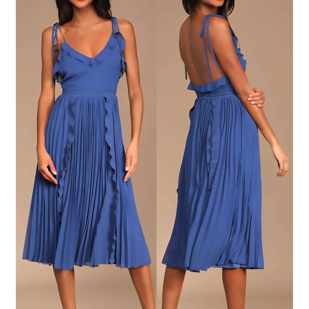 Lulus Royal Blue Tie-Strap Pleated Dress